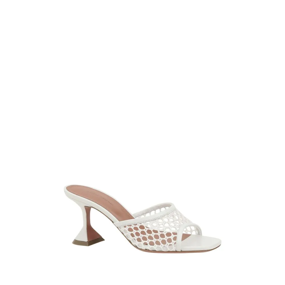 Amina Muaddi Lupita Women White Sandals Leather Perforated Mule Slide Heel Shoes
