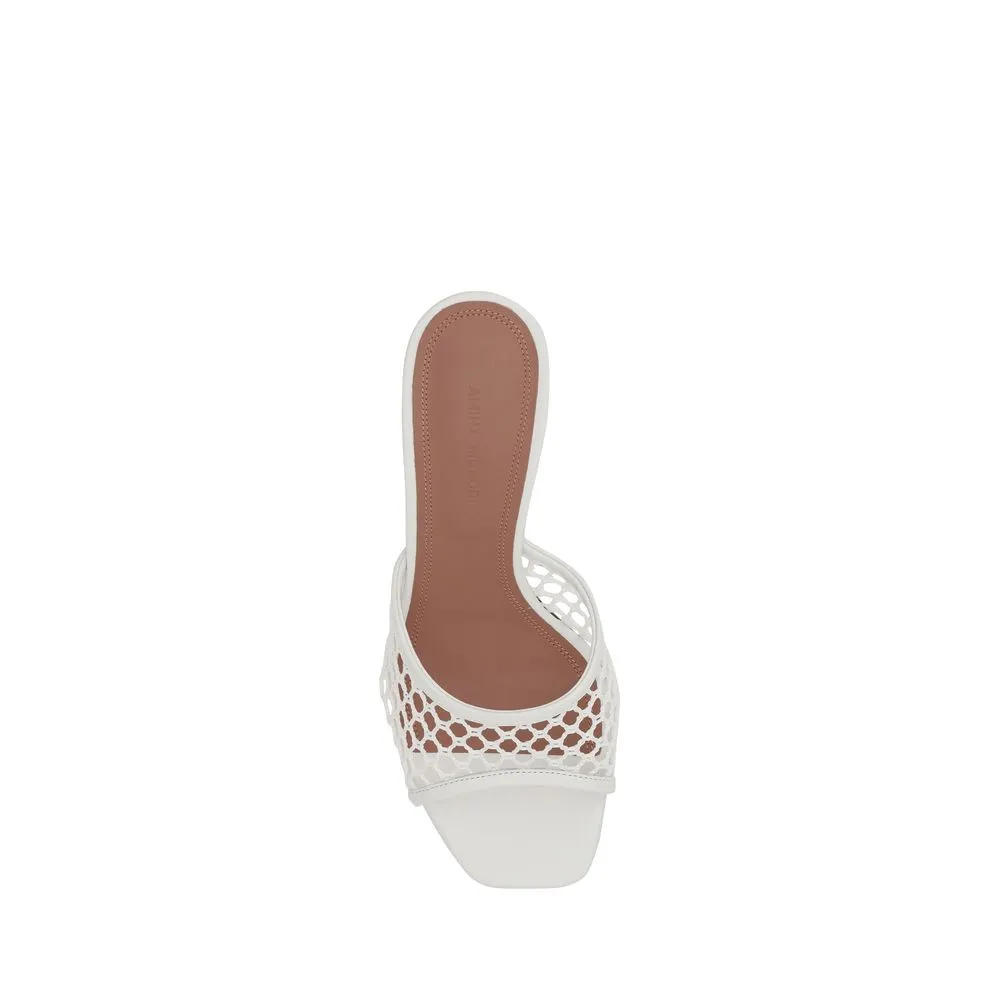 Amina Muaddi Lupita Women White Sandals Leather Perforated Mule Slide Heel Shoes