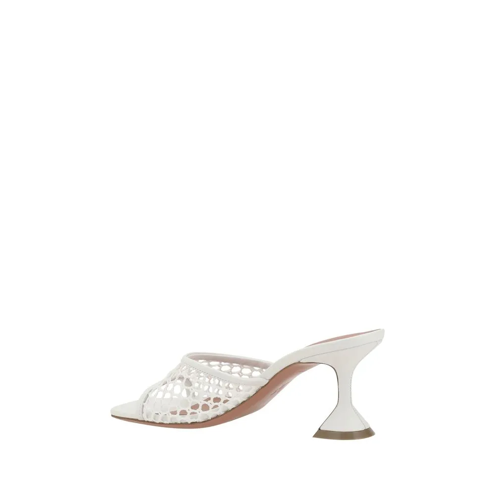 Amina Muaddi Lupita Women White Sandals Leather Perforated Mule Slide Heel Shoes