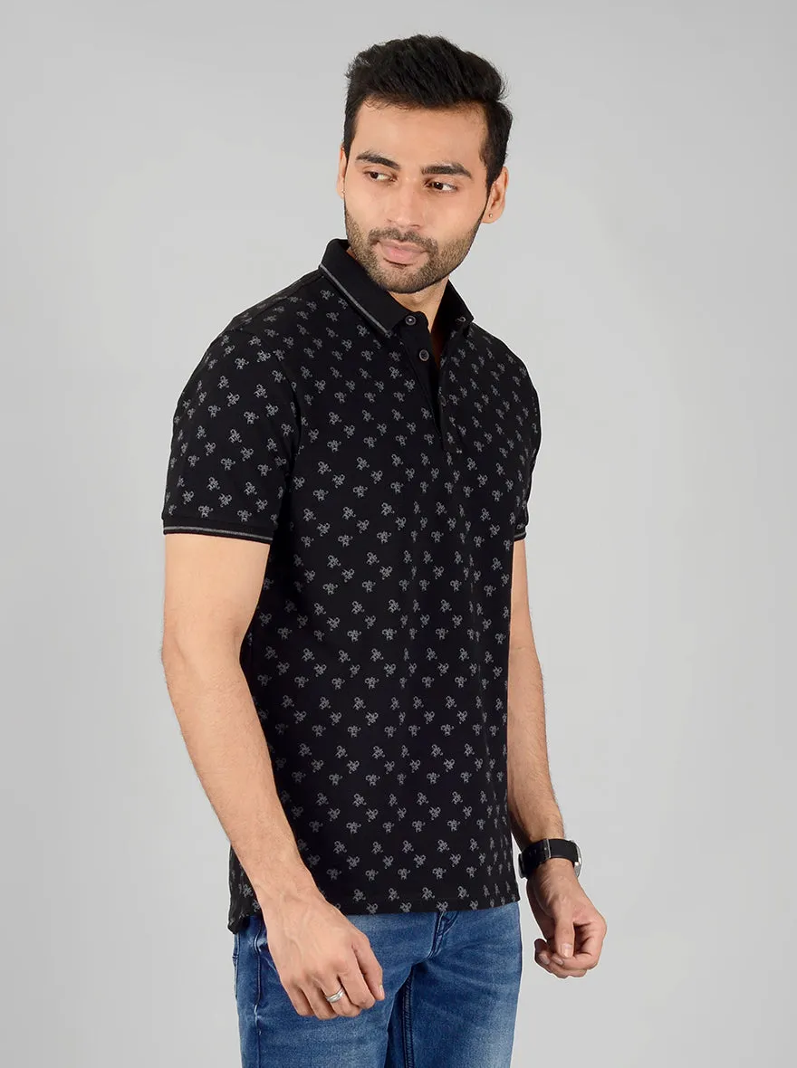 Black Printed Slim Fit Polo T-Shirt | JadeBlue