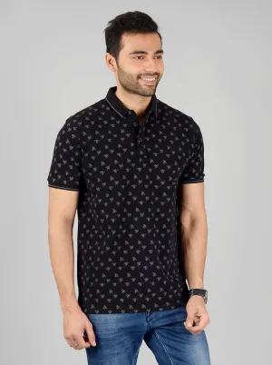 Black Printed Slim Fit Polo T-Shirt | JadeBlue
