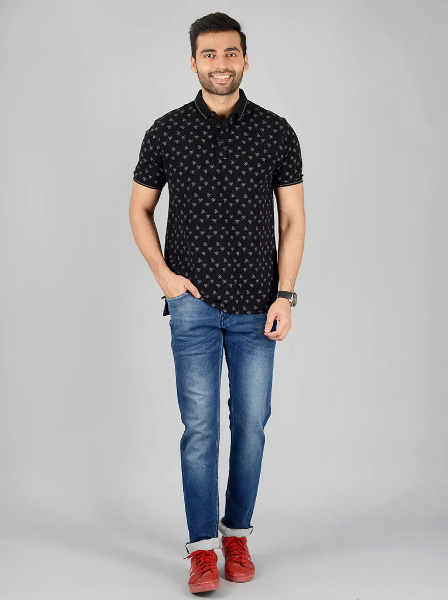 Black Printed Slim Fit Polo T-Shirt | JadeBlue