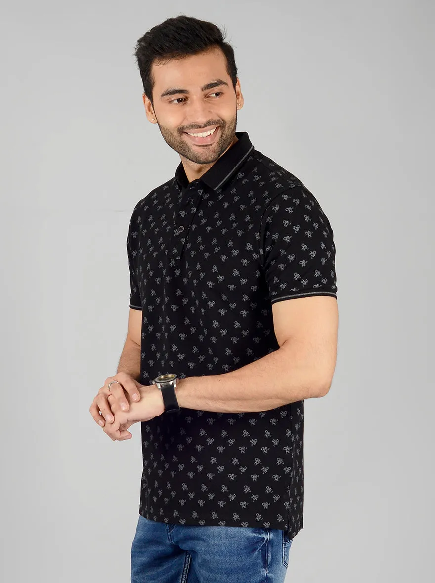 Black Printed Slim Fit Polo T-Shirt | JadeBlue