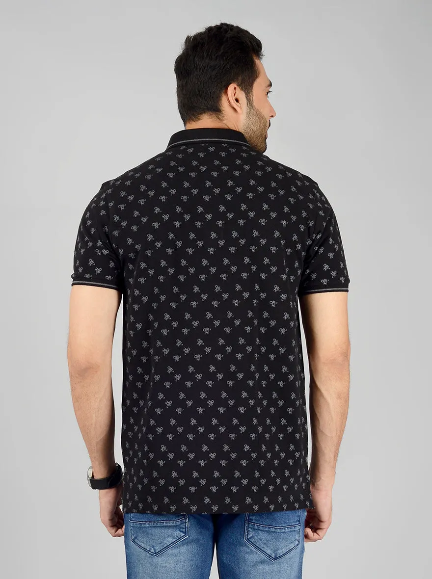 Black Printed Slim Fit Polo T-Shirt | JadeBlue