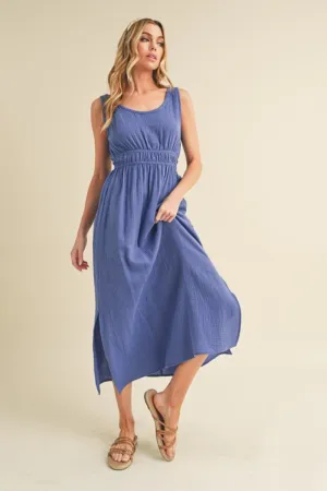 Blue Side Slit Round Neck Sleeveless Tank Dress