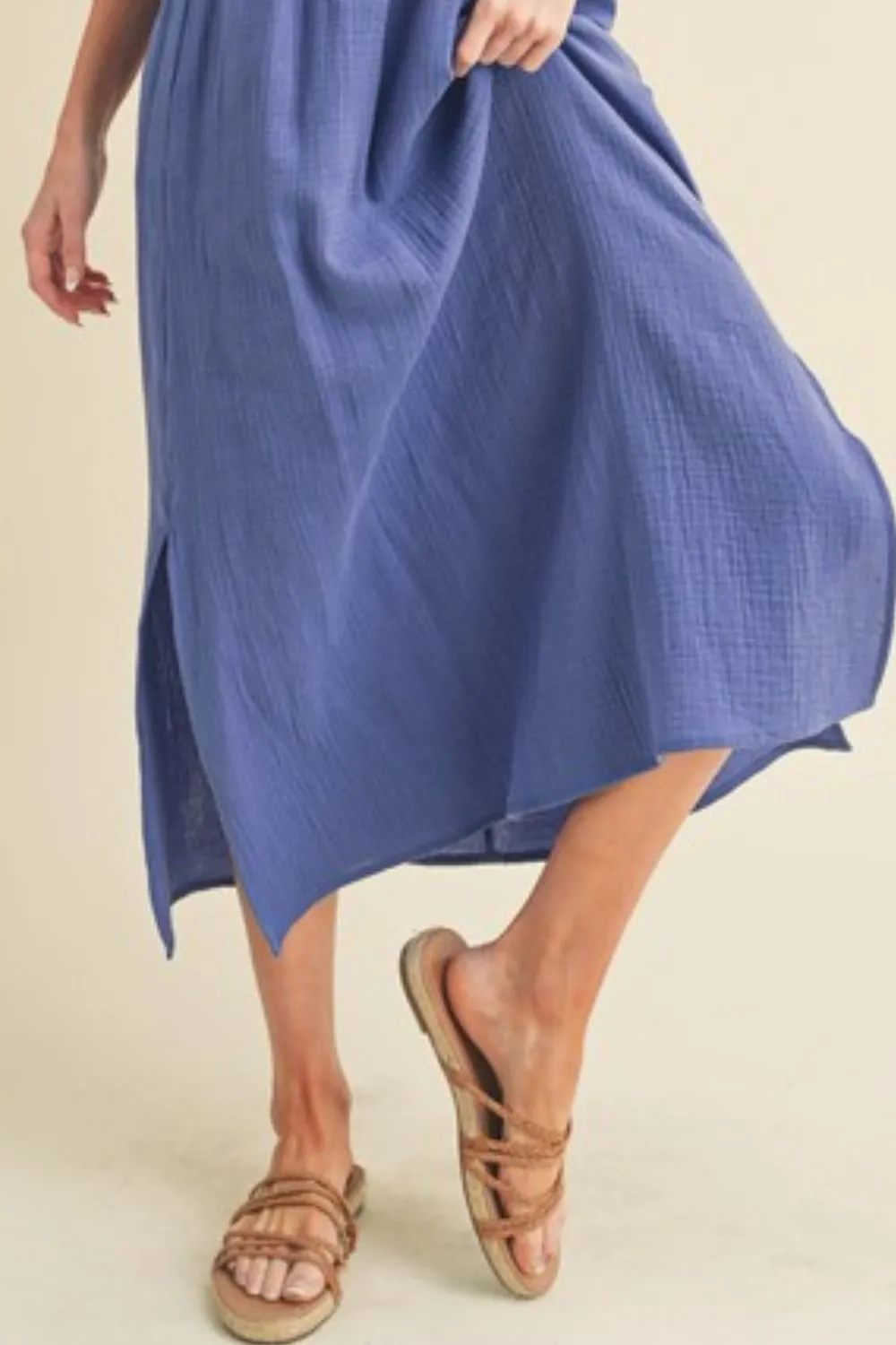 Blue Side Slit Round Neck Sleeveless Tank Dress