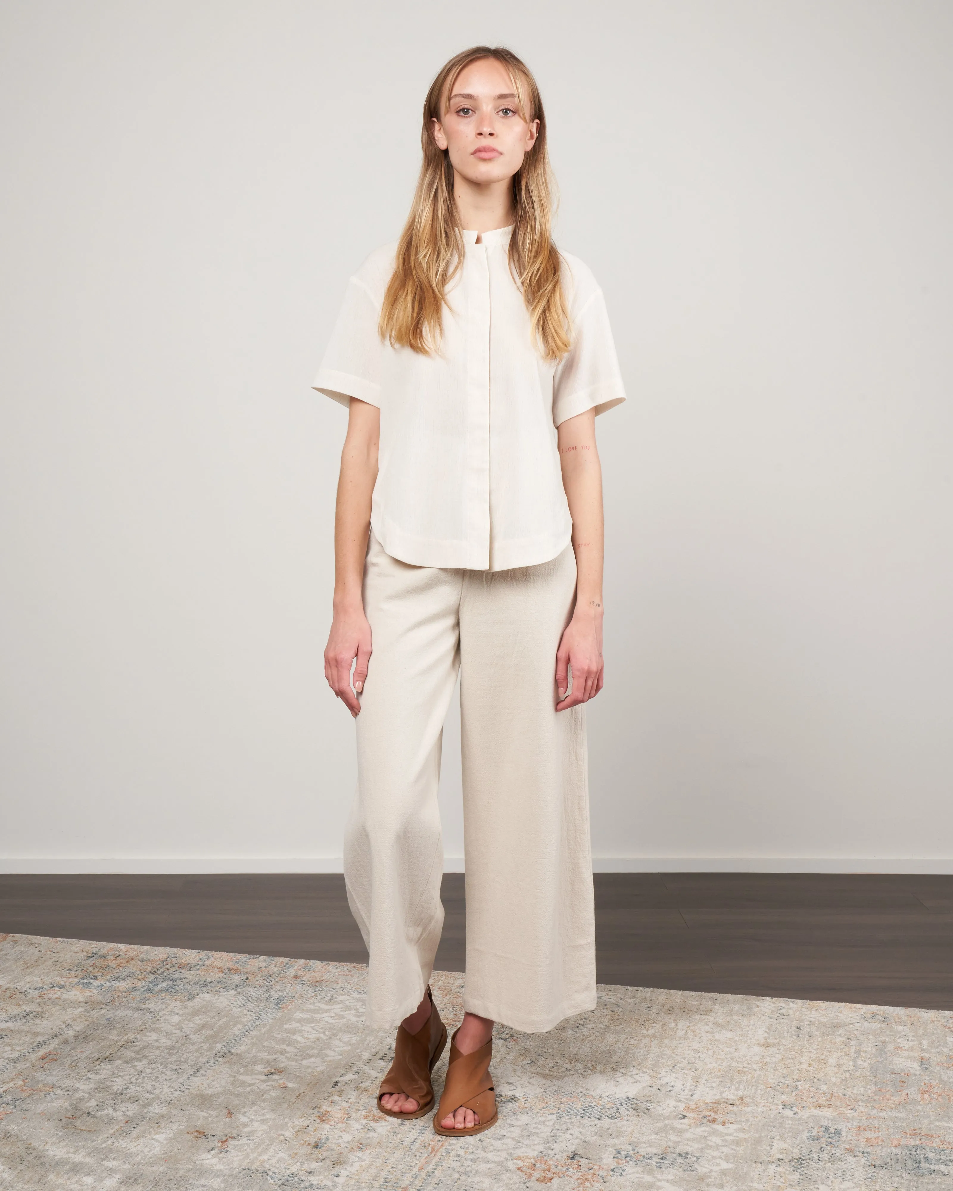 cap sleeve button down - cream crinkle