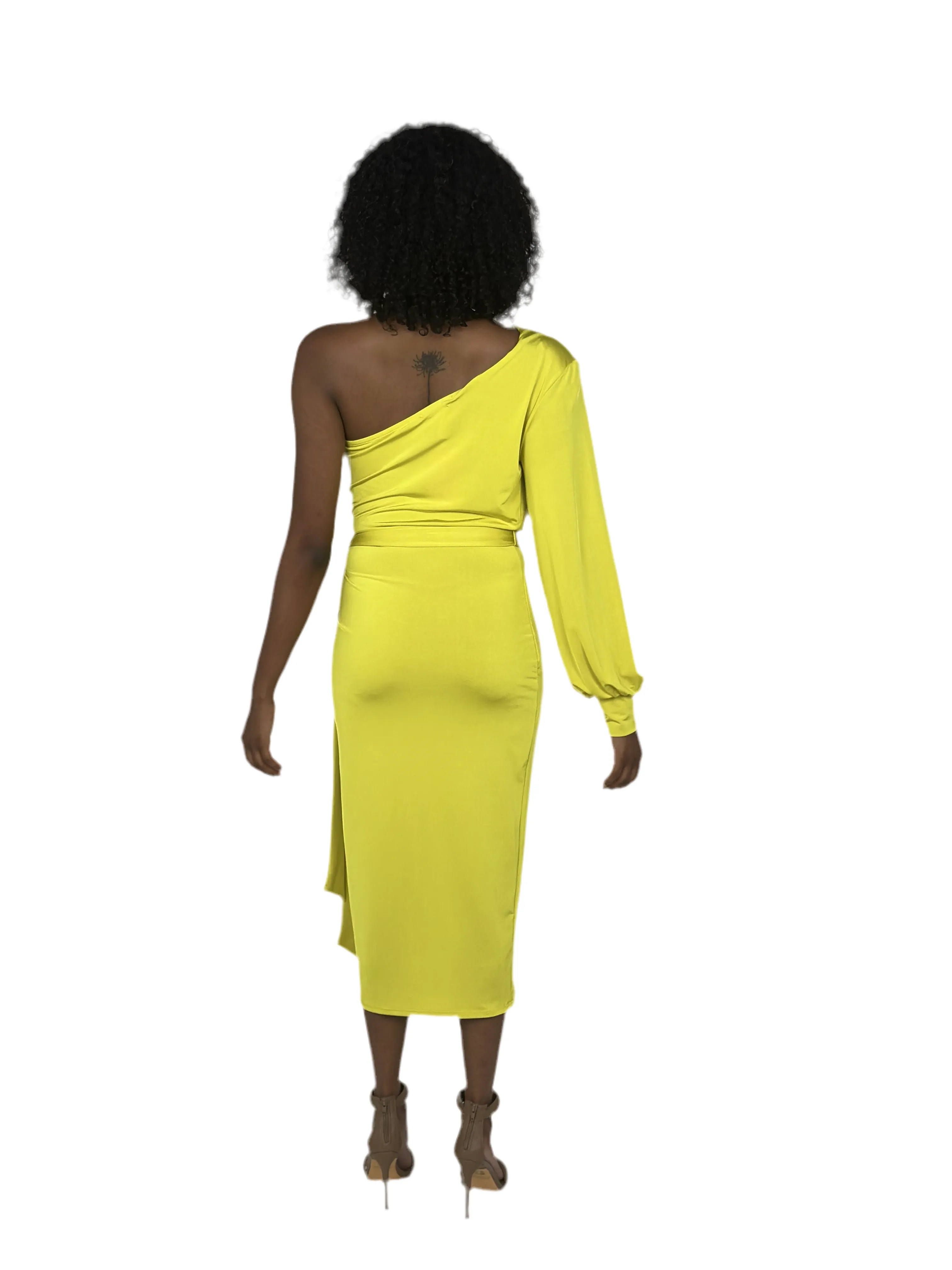 Chartreuse Green One Shoulder Midi Dress