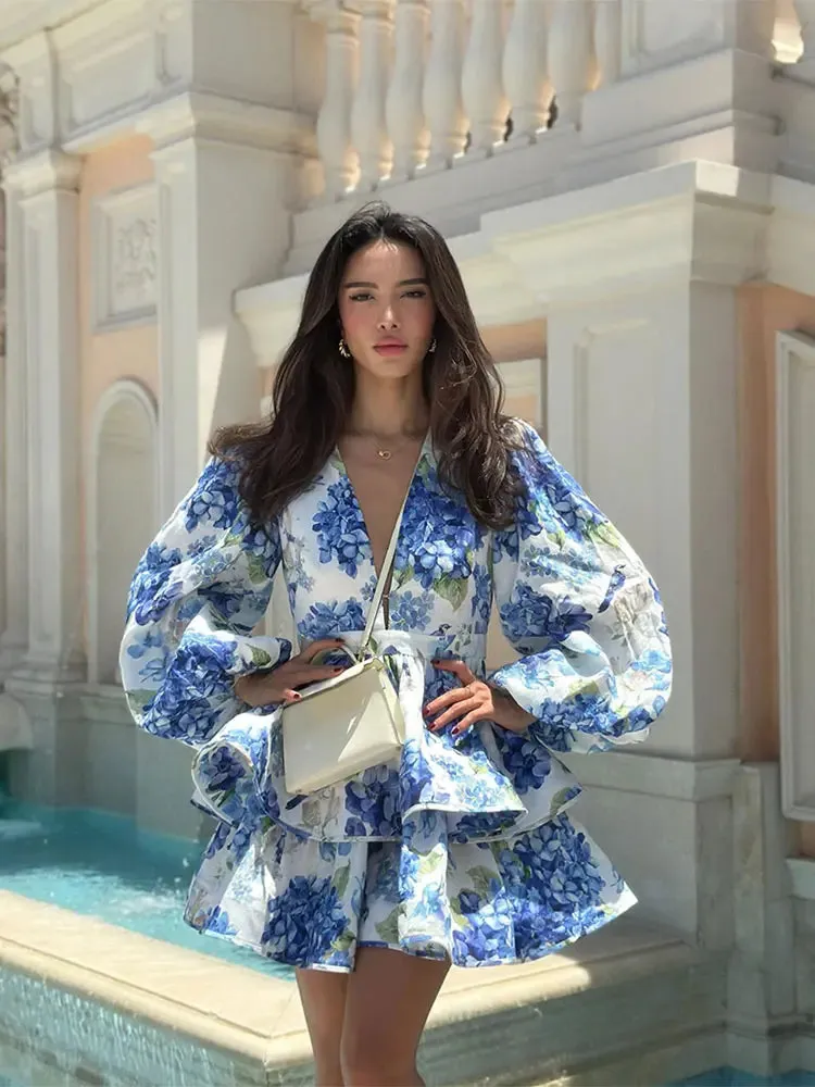 Elegant Printed Ruffled Layered Mini Dress