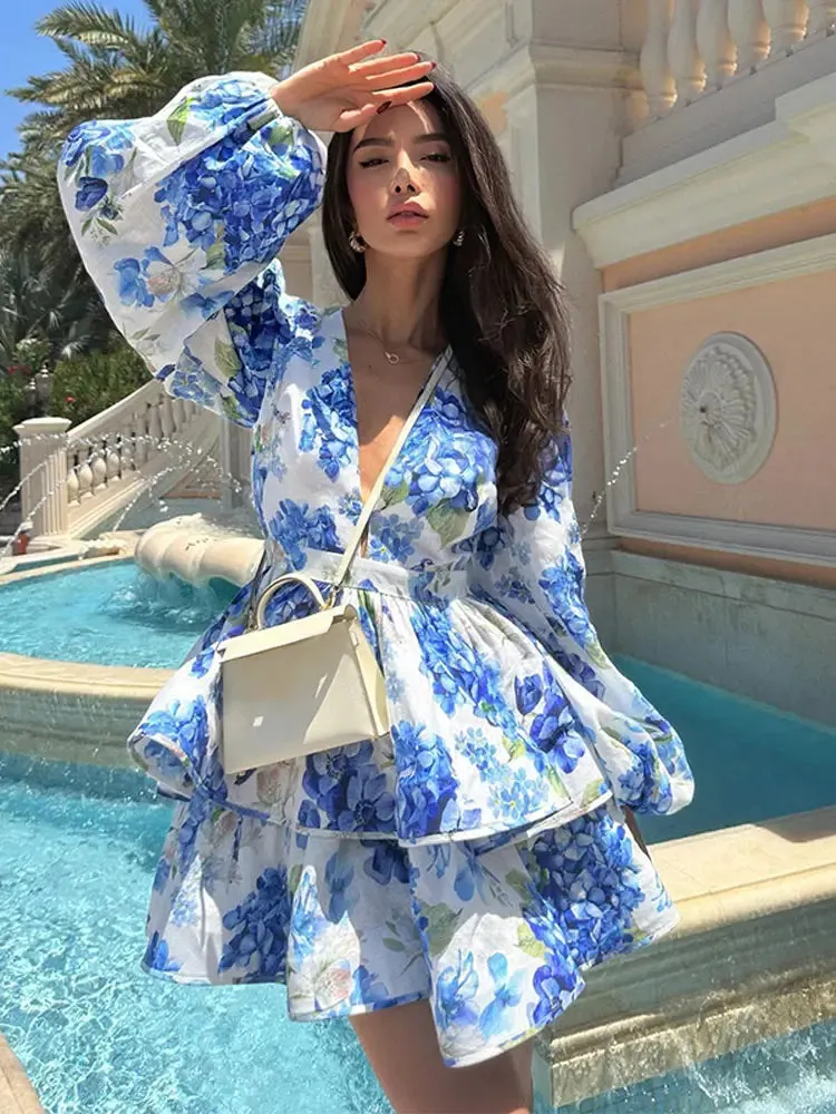 Elegant Printed Ruffled Layered Mini Dress