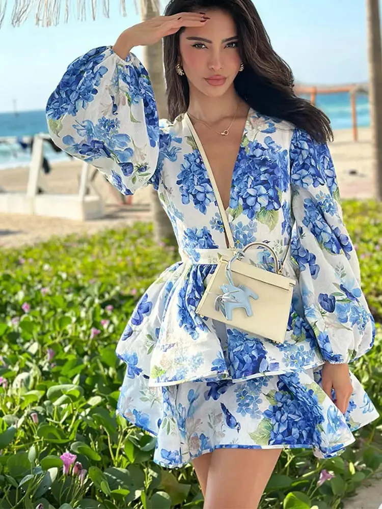 Elegant Printed Ruffled Layered Mini Dress