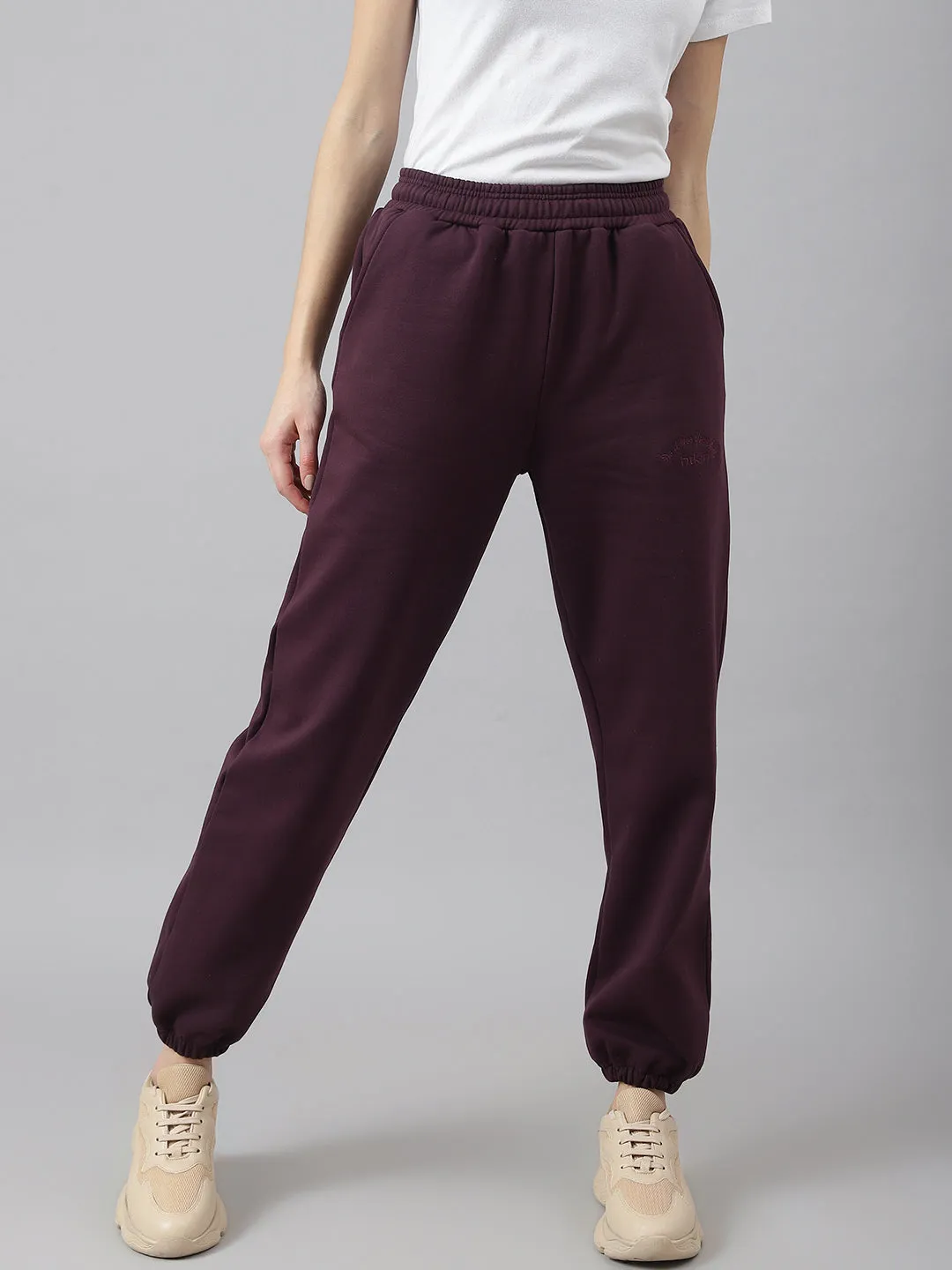 Fitkin Women Purple Solid Oversized Fleece Jogger Pants