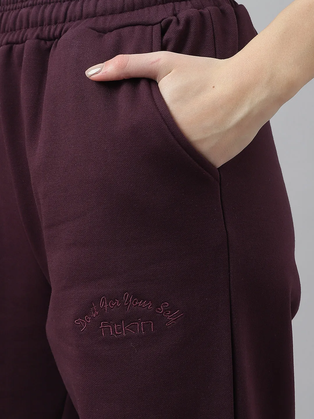 Fitkin Women Purple Solid Oversized Fleece Jogger Pants