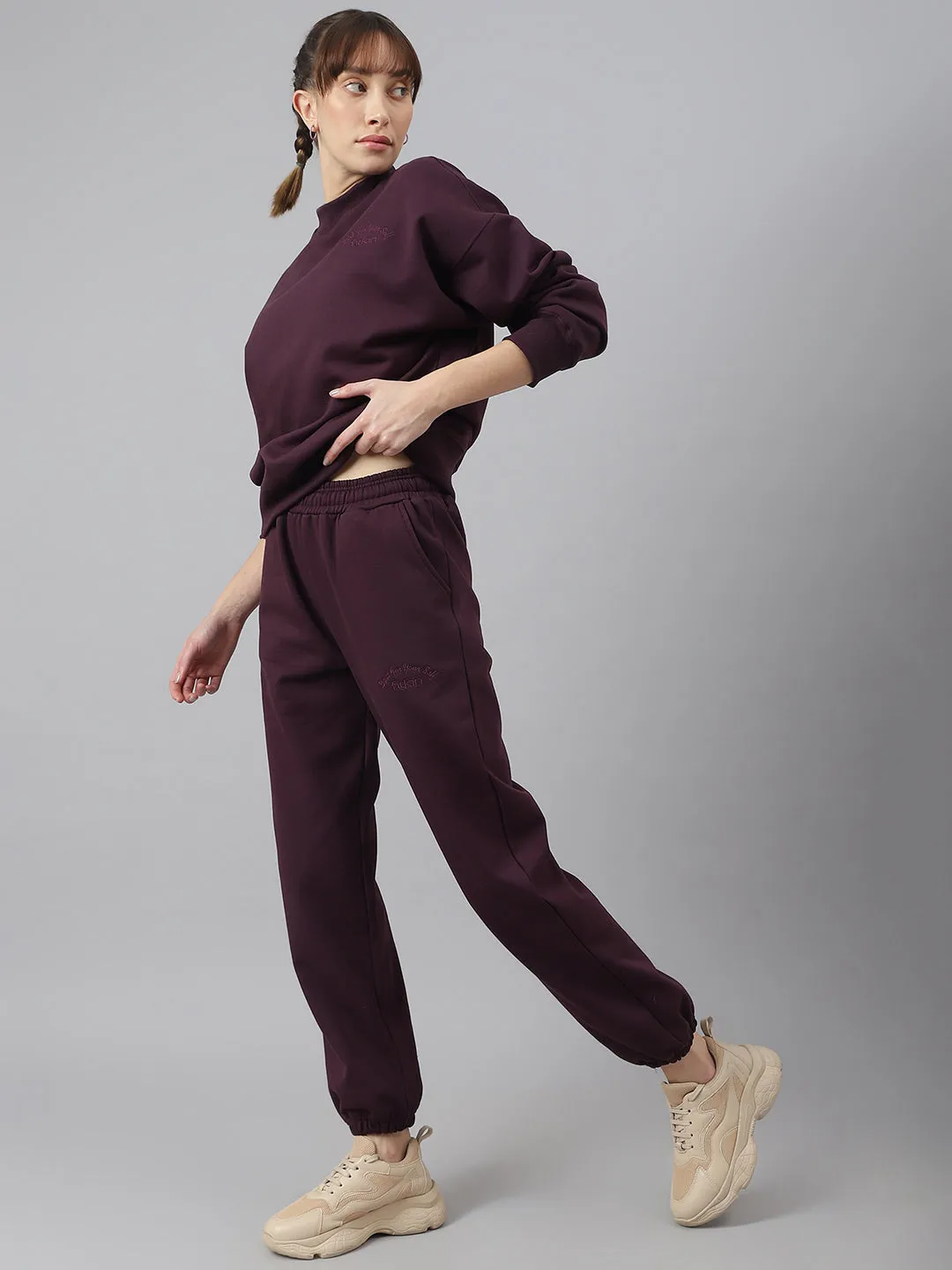 Fitkin Women Purple Solid Oversized Fleece Jogger Pants