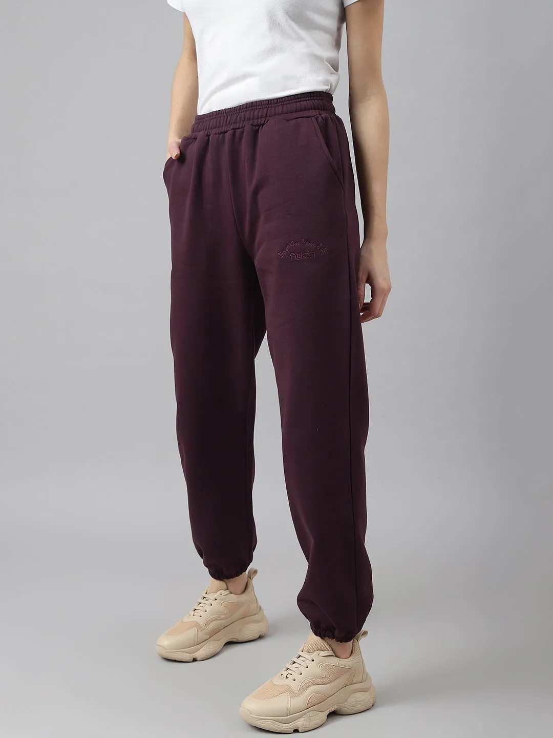 Fitkin Women Purple Solid Oversized Fleece Jogger Pants