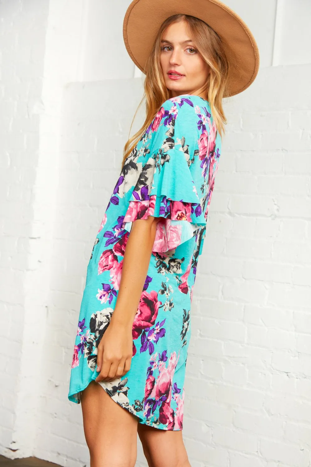 Floral Ruffle Sleeve Back Keyhole Pocketed Dress