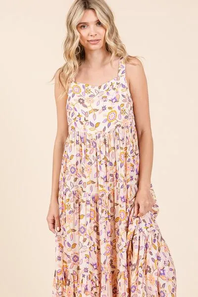 Flower Print Tiered Sleeveless Empire Maxi Dress