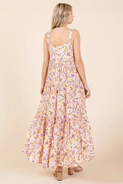 Flower Print Tiered Sleeveless Empire Maxi Dress