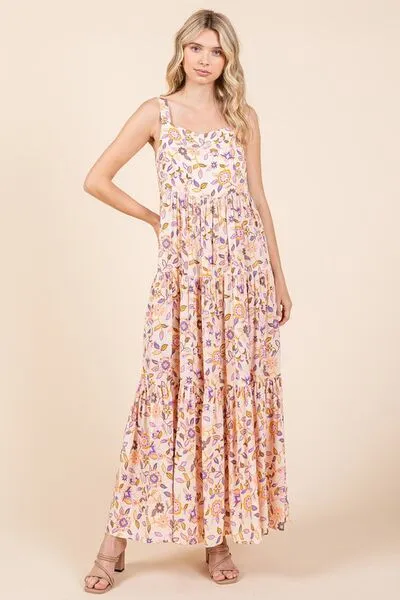 Flower Print Tiered Sleeveless Empire Maxi Dress