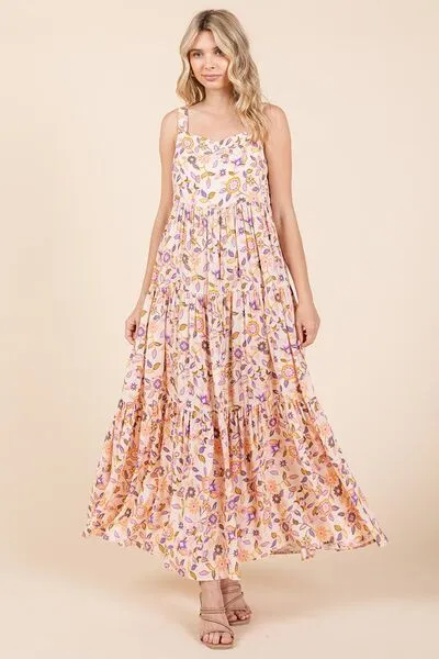 Flower Print Tiered Sleeveless Empire Maxi Dress