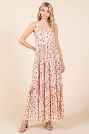Flower Print Tiered Sleeveless Empire Maxi Dress