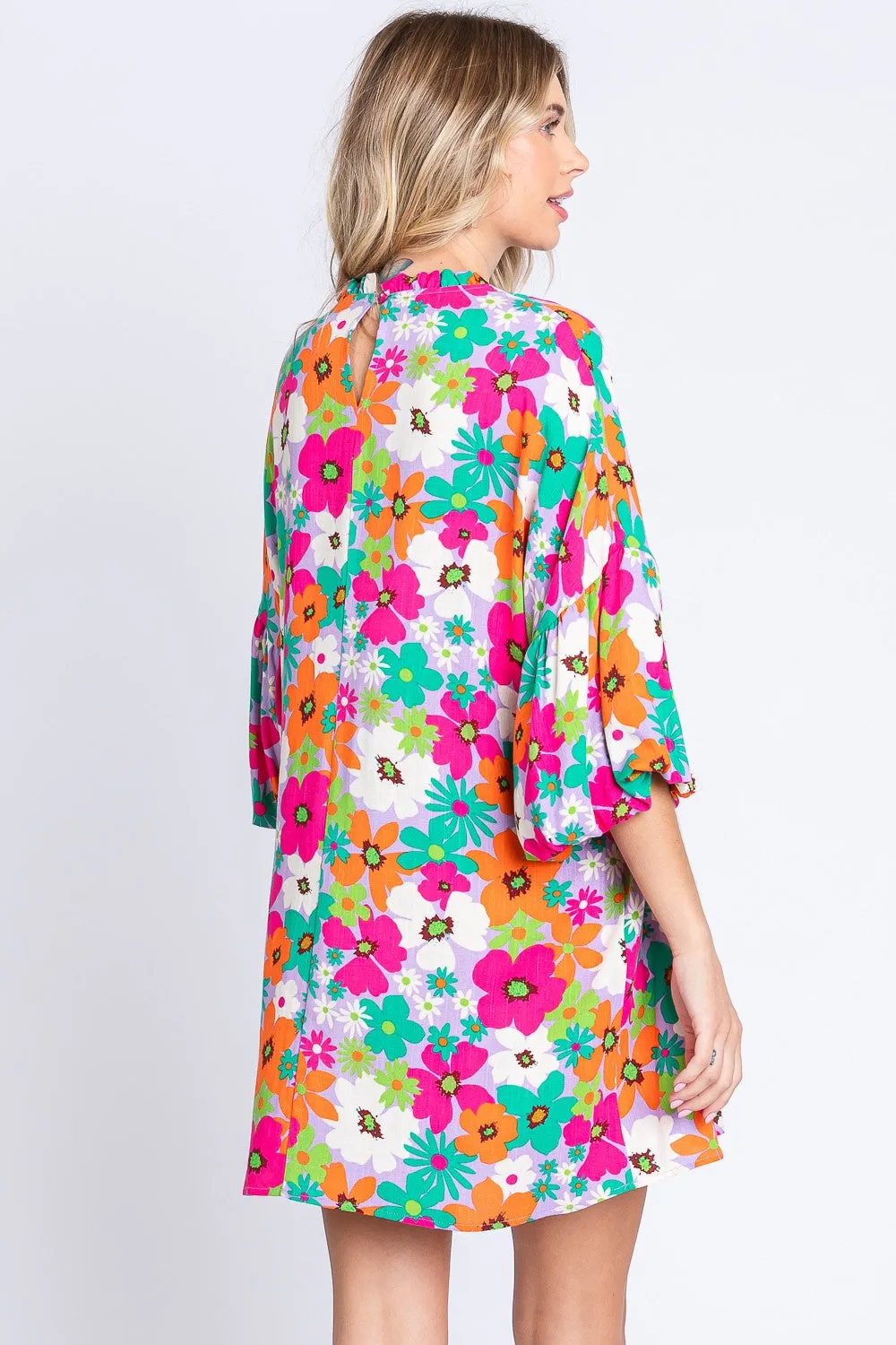 GeeGee Floral Round Neck Lantern Sleeve Mini Dress