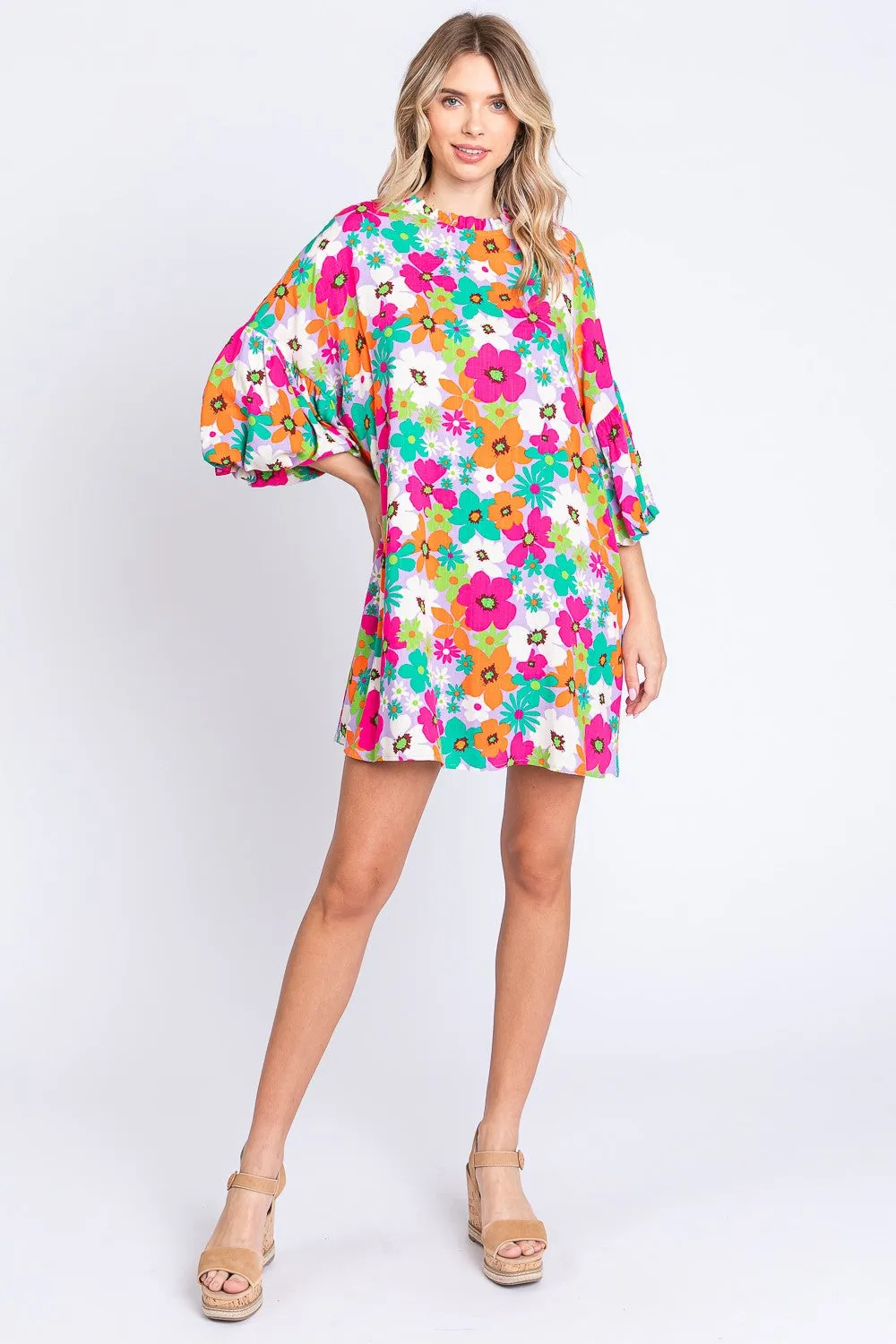 GeeGee Floral Round Neck Lantern Sleeve Mini Dress