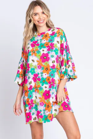 GeeGee Floral Round Neck Lantern Sleeve Mini Dress