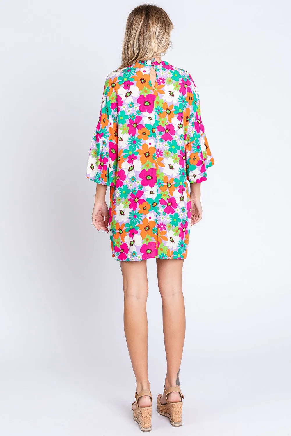 GeeGee Floral Round Neck Lantern Sleeve Mini Dress