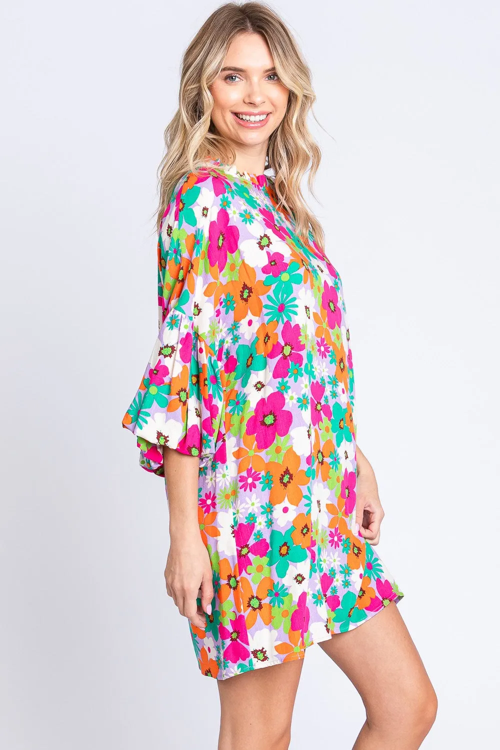 GeeGee Floral Round Neck Lantern Sleeve Mini Dress