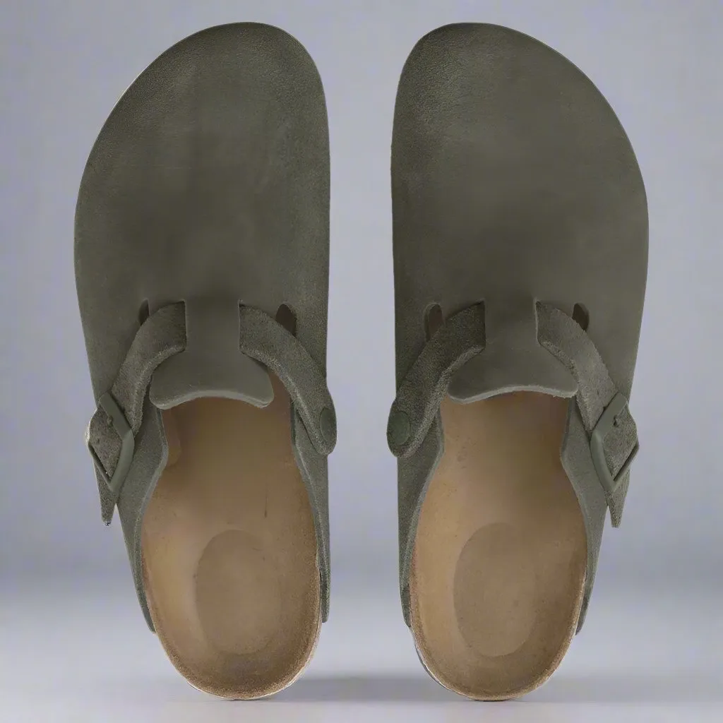 Green Suede Leather Pedestal Platforms Clogs - Clogs