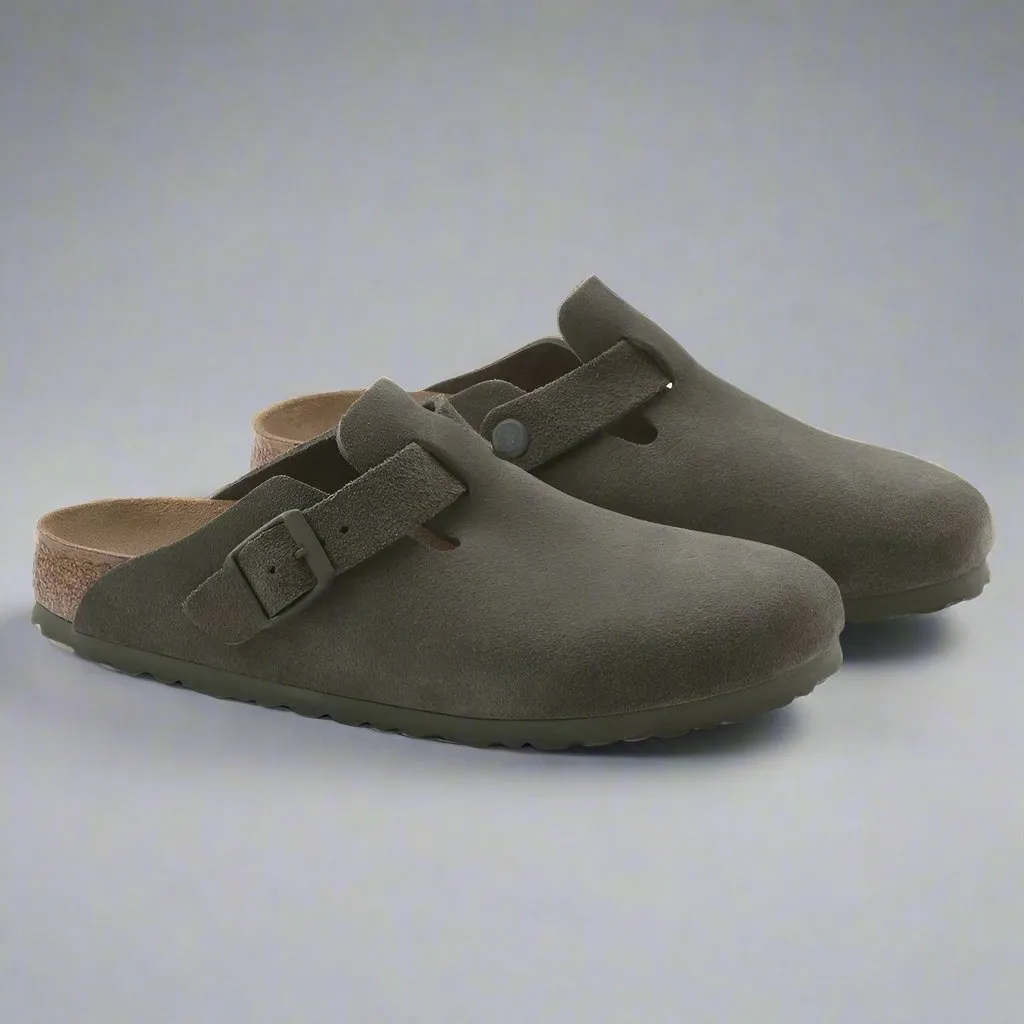 Green Suede Leather Pedestal Platforms Clogs - Clogs