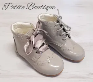 Grey patent lace boots