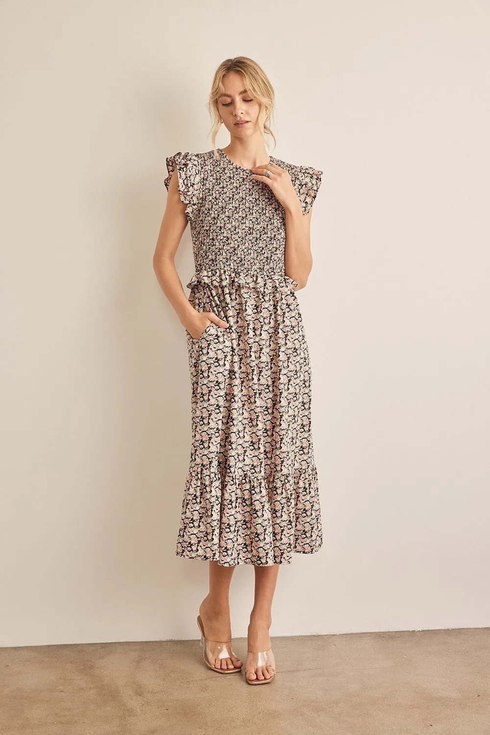 Hazel Blues® |  In February Floral Smocked Ruffled Midi Dress