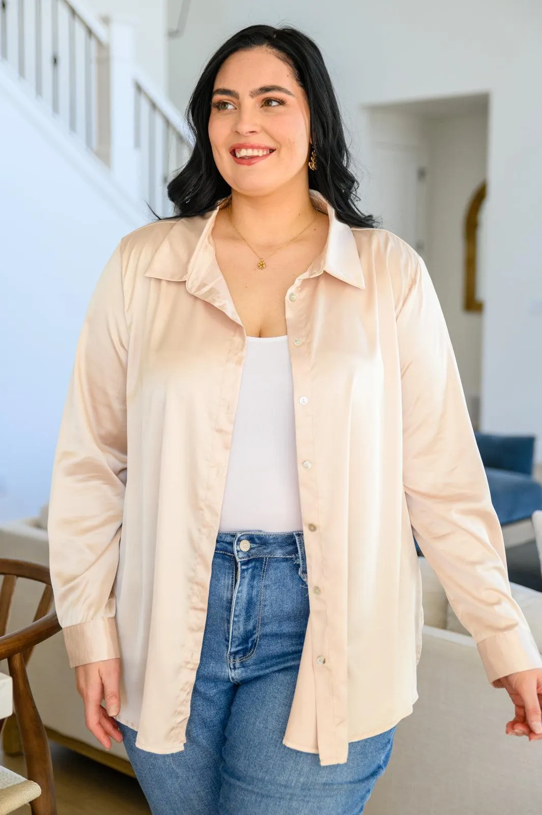 Hazel Blues® | Loved For Years Satin Button Up In Beige