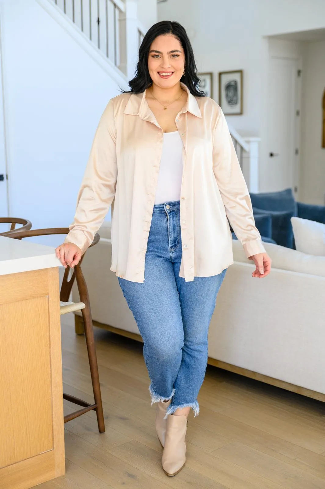 Hazel Blues® | Loved For Years Satin Button Up In Beige