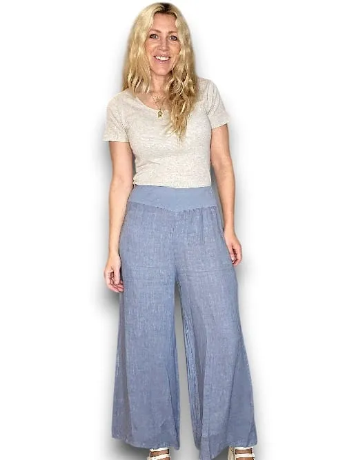 HELGA MAY Italian Linen Wide Leg Pants Plain ~ Petrol