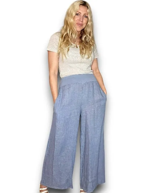 HELGA MAY Italian Linen Wide Leg Pants Plain ~ Petrol