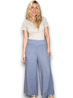 HELGA MAY Italian Linen Wide Leg Pants Plain ~ Petrol