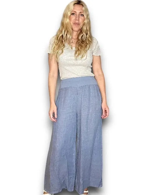 HELGA MAY Italian Linen Wide Leg Pants Plain ~ Petrol