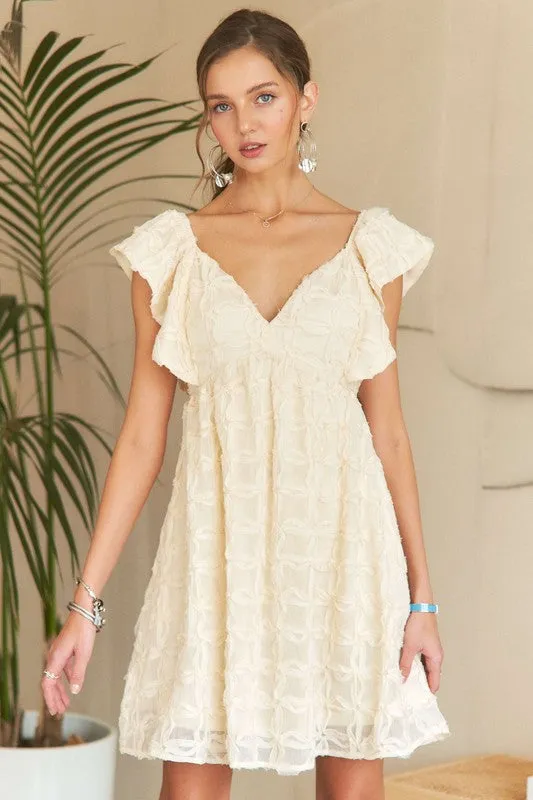 Ivory Tie Back V-Neck Ruffle Sleeve Dress