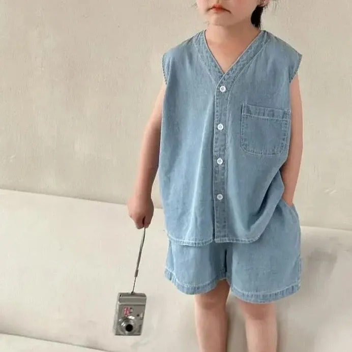 Jude Button Up Denim Vest Top and Shorts Set (Pale Blue)