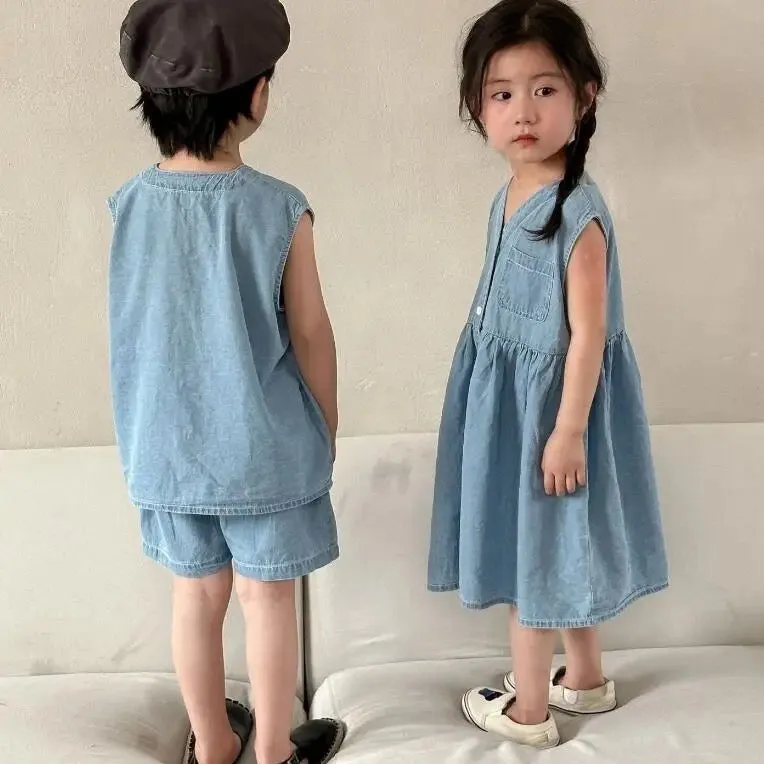 Jude Button Up Denim Vest Top and Shorts Set (Pale Blue)