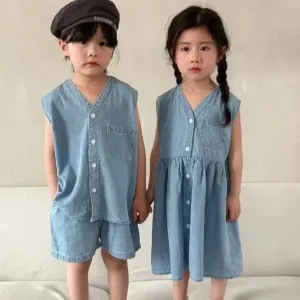 Jude Button Up Denim Vest Top and Shorts Set (Pale Blue)