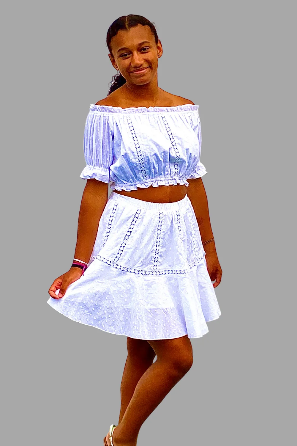 Ladies Elegant Eyelet Crop Top with Matching Mini Skirt