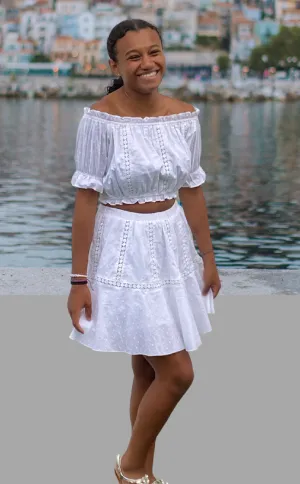 Ladies Elegant Eyelet Crop Top with Matching Mini Skirt