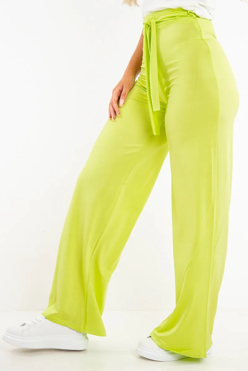 Lime Slinky Tie Detail Wide Leg Trousers - Jenelle