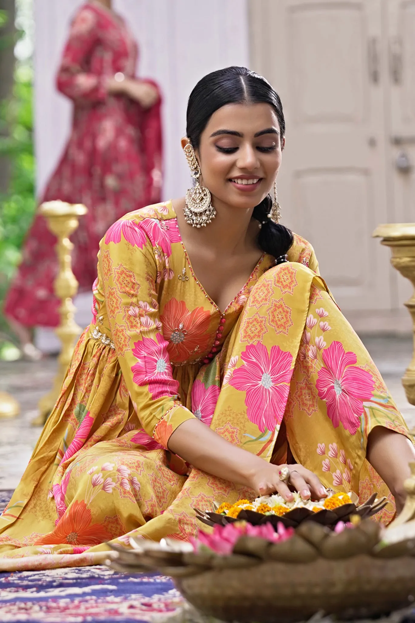 Mustard Crepe Kurta Set with Hand Embroidery in Yoke