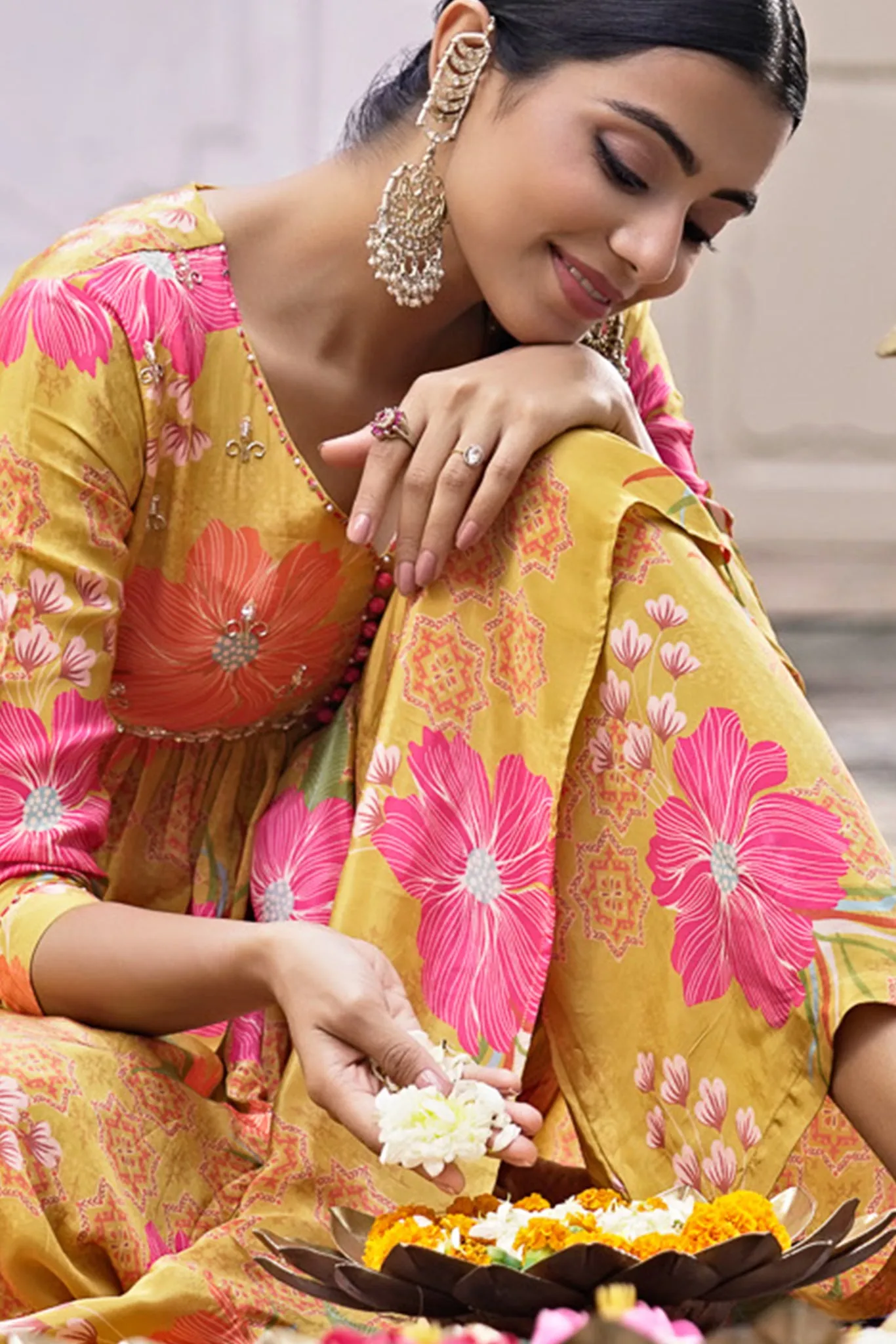 Mustard Crepe Kurta Set with Hand Embroidery in Yoke