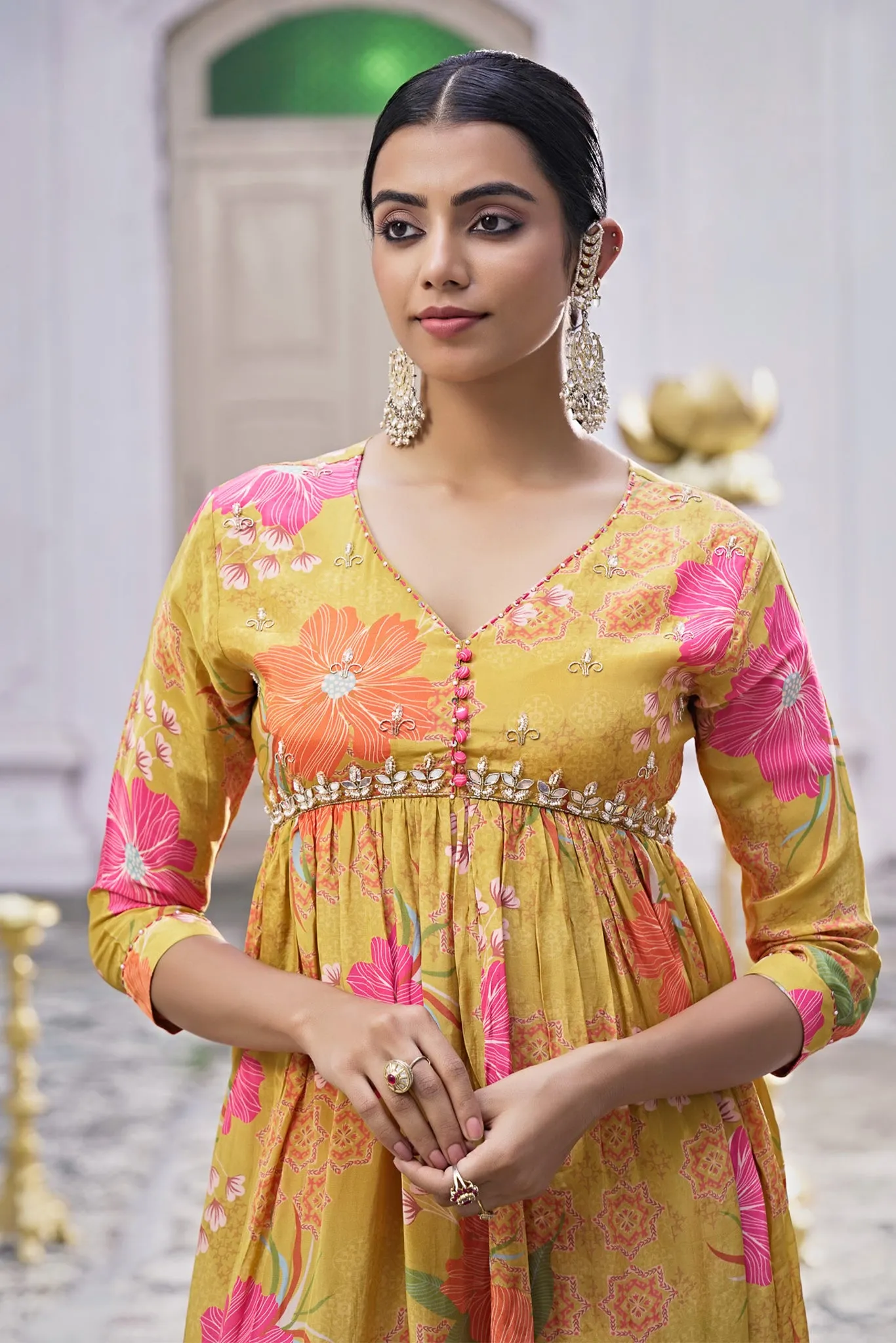 Mustard Crepe Kurta Set with Hand Embroidery in Yoke